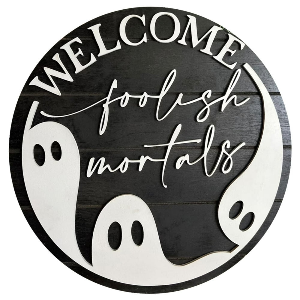 QJUHUNG Halloween Front Door Hanger Round Ghost Door Hanger Wooden for