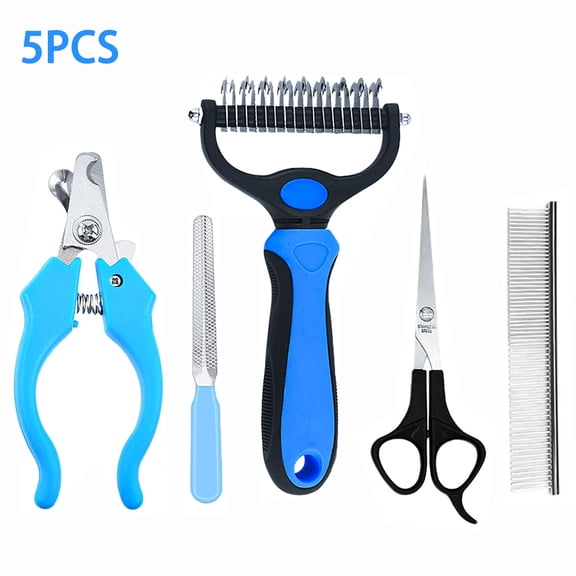 QJUHUNG Pet Grooming Scissors Set, Safety Round Tip Grooming Tools for Pet Dogs Cats Full Body - Pet Dog Hair Removal Comb ,Straight Scissors, Comb, Nail Clipper and Nail File(Blue)