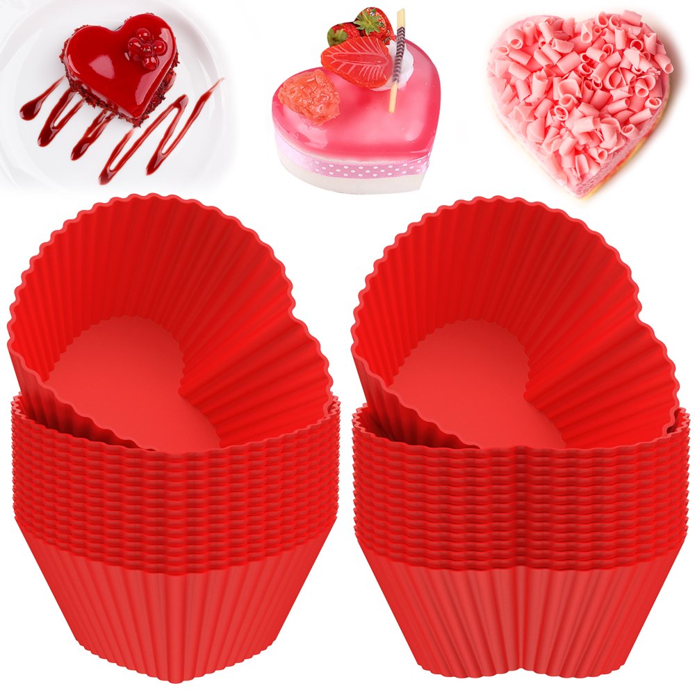 QJUHUNG Silicone Cupcake Liners Heart Shaped Baking Cups Mold 30 Pcs