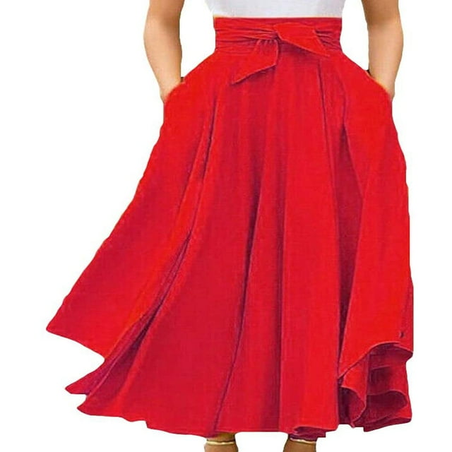 QJUHUNG Women High Waist Flared Pleated Long Dress Maxi Skirt Flare