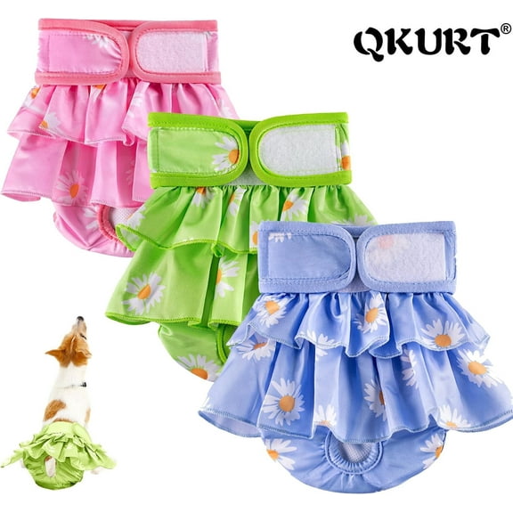QKURT 3 Pack Dog Diaper Female, Washable Dog Period Diapers Cover, Adjustable Reusable Female Dog Diapers Dress for Heat, Period, Incontinence, or Excitable Urination Puppy Training, M