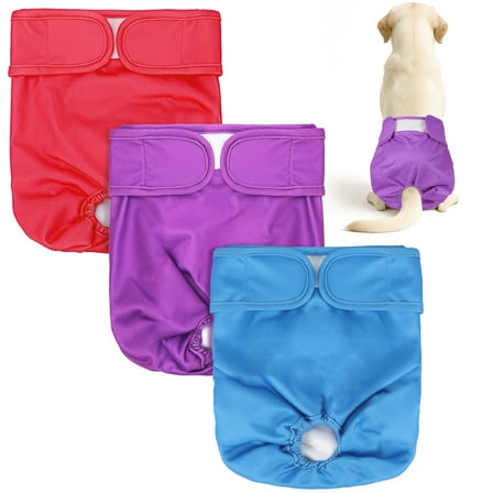 QKURT 3-Pack Washable, Reusable Cloth Diapers for Female Dogs & Cats, Assorted White Lining, M Size