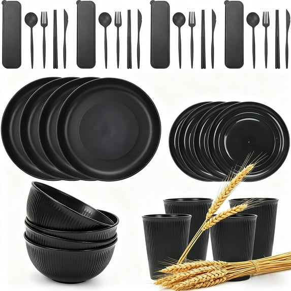 QKURT 40pcs Wheat Straw Dinnerware Sets For 4, Unbreakable Dinnerware Sets, Reusable Wheat Straw Plates and Bowls Sets, Thanksgiving Dinnerware Party Supplies, Dishwasher Microwave Safe, Black