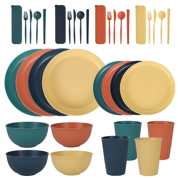 QKURT 40pcs Wheat Straw Dinnerware Sets For 4, Unbreakable Dinnerware Sets, Reusable Wheat Straw Plates and Bowls Sets, Travel Camping Cutlery Set, Dishwasher Microwave Safe Dinnerware, Multicolor