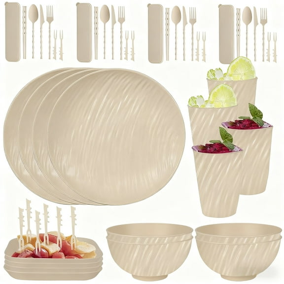 QKURT 48pcs Wheat Straw Dinnerware Sets For 4, Unbreakable Dinnerware Sets, Reusable Wheat Straw Plates and Bowls Sets, Travel Camping Cutlery Set, Dishwasher Microwave Safe Dinnerware, Beige
