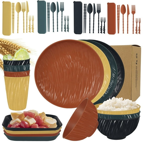 QKURT 48pcs Wheat Straw Dinnerware Sets For 4, Unbreakable Dinnerware Sets, Reusable Wheat Straw Plates and Bowls Sets, Travel Camping Cutlery Set, Dishwasher Microwave Safe Dinnerware, Multicolor