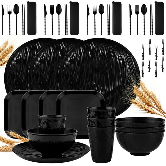 QKURT 48pcs Wheat Straw Dinnerware Sets For 4, Unbreakable Dinnerware Sets, Reusable Wheat Straw Plates and Bowls Sets, Travel Camping Cutlery Set, Dishwasher Microwave Safe Dinnerware, Black