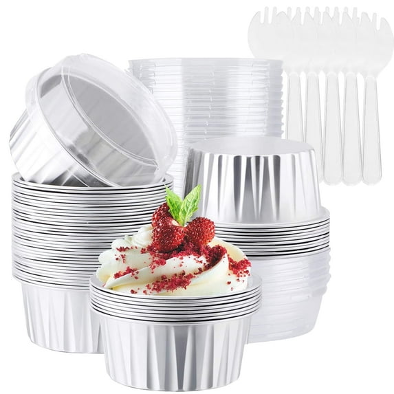 QKURT 50Pack Aluminum Foil Baking Cups with Lids and Spoons, 5oz Foil Ramekins with Lids, Silver