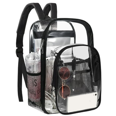 QKURT Clear Backpack Heavy Duty, Large Capacity Transparent Waterproof Backpacks for School Stadium College, Multiple Pockets PVC Backpacks for Adults Teens Students School Travel, Black