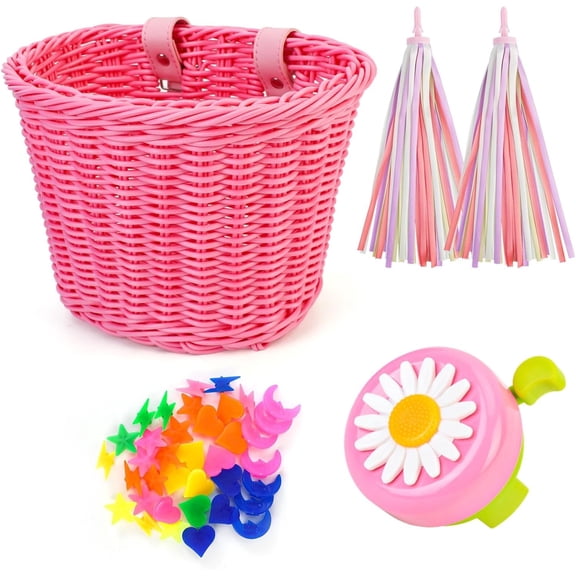 QKURT Girls Bicycle Basket, Hand Woven Kids Basket with Leather Strap, Bicycle Bell Streamers Wheel Spoke Beads Accessories Bicycle Decoration
