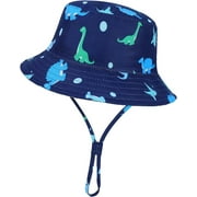 QKURT Kids Sun Hat Dinosaur Bucket Hat Adjustable Beach Cap Toddlers Fisherman Hat, Windproof Wide Brim Summer Sunhat with Breathable Mesh Lining for Boys Girls