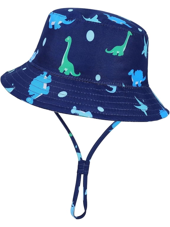 QKURT Kids Sun Hat Dinosaur Bucket Hat Adjustable Beach Cap Toddlers Fisherman Hat, Windproof Wide Brim Summer Sunhat with Breathable Mesh Lining for Boys Girls