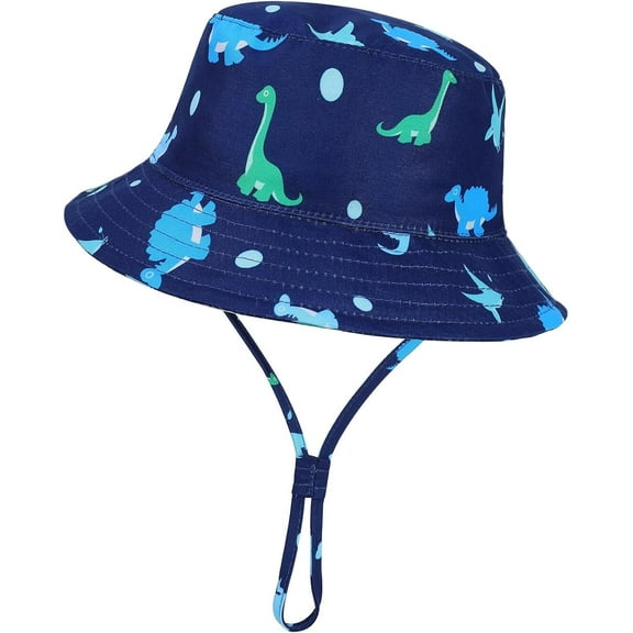 QKURT Kids Sun Hat Dinosaur Bucket Hat Adjustable Beach Cap Toddlers Fisherman Hat, Windproof Wide Brim Summer Sunhat with Breathable Mesh Lining for Boys Girls