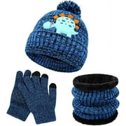 QKURT Kids Winter Beanie Hats Snood Gloves Set, 3 in 1 Thickening Soft Thermal Knitted Beanie Hats with Dinosaur Pattern Neck Warmer Magic Gloves Accessories Sets for Boys Girls, Blue