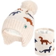 thumbnail image 1 of QKURT Kids Winter Knitted Hat and Scarf Set, Thickening Soft Warm Knitted Beanie Hats Neck Warmer Set with Dinosaur Pattern for 2-6 Years Boys Girls, Beige, 1 of 7