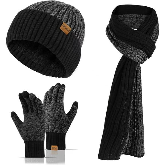 QKURT Men's Beanie Gloves Scarf Set, 3 in 1 Winter Thermal Hat Gloves Neck Warmer Set Thick Fleece Touchscreen Glove Knitted Cap Cold Weather Accessories Sets