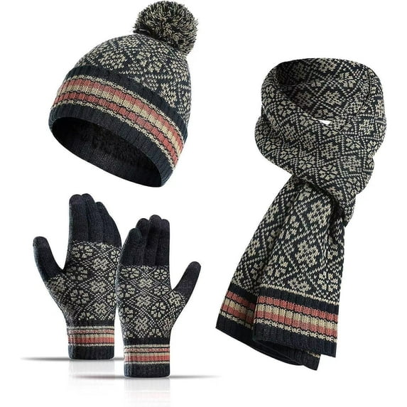 QKURT Women’s Beanie Gloves Scarf Set, Winter Thermal Pom Pom Hats Mittens Neck Scarf Set for Ladies Girls Outdoor Wearing