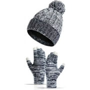 QKURT Women's Beanie Hat Gloves Set, Winter Thermal Knit Hat Full Finger Gloves Set for Girls Women, Grey