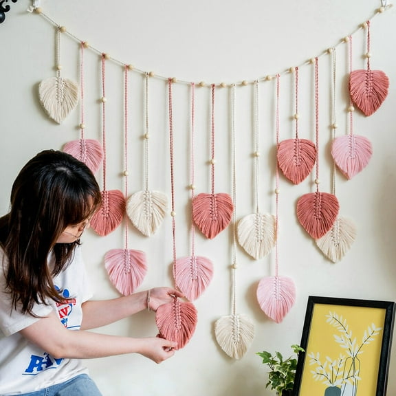 QKW 1 piece tassel wall hanging leaf woven tapestry Bohemian style wall decoration Bedroom Room Decoration Women's gift 47.2*29.5IN inches Leaf-shaped pendant Pink