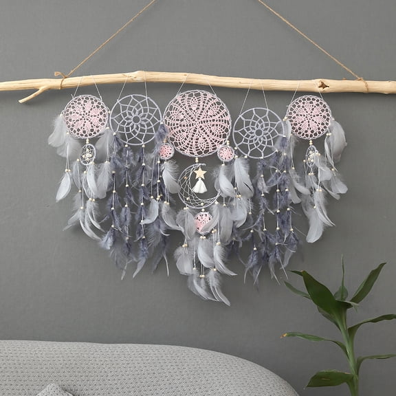 QKW 5-Piece Large-sized dreamcatcher set Bohemian Wall Decoration,Hanging decorations in the living room and bedroom,Pinkish grey29.5*39.3 Inches