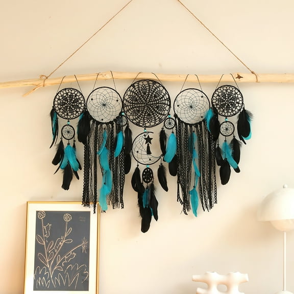 QKW 5-Piece Large-sized dreamcatcher set Bohemian Wall Decoration,Hanging decorations in the living room and bedroom,Kong Blue29.5*39.3 Inches Iron, polyester, feather, wood