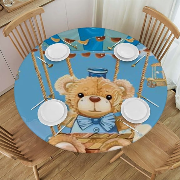 QKZF  Bear Hot Air Balloon Round Backdrop Cover Blue Sky White Cloud Photography Background for Newborn Baby Shower Kids Boys Birthday Party Decorations Cake Table Banner Photo Booth Props 38-42