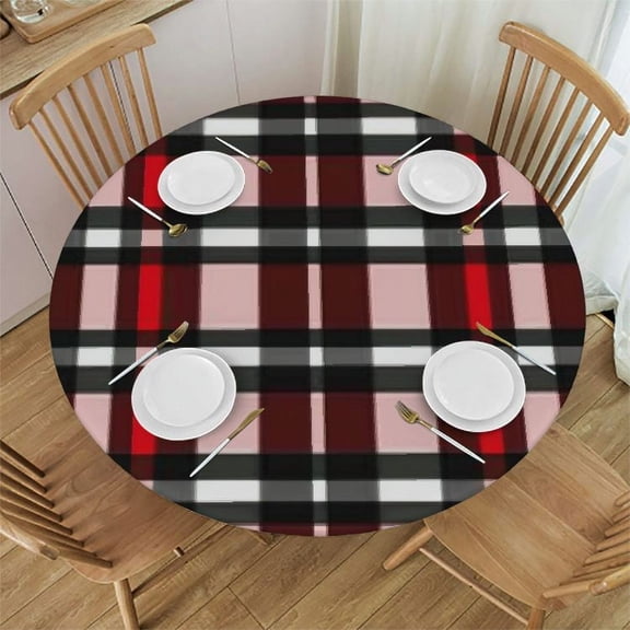 QKZF Black White and Red Checkered Tablecloth with Elastic Edge, Round Table Cloth Plaid Pattern Washable Reusable Table Cover for Kitchen Dining Party Picnic, Medium White