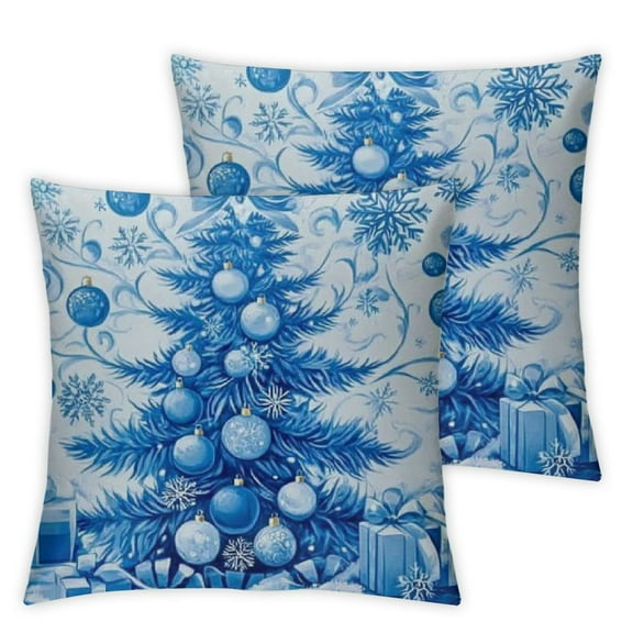 QKZF Blue Merry Christmas Throw Pillow Covers, Farmhouse Decorative Outdoor Winter Christmas Tree Pillow Cases Set of 2 for Couch Sofa 18x18in