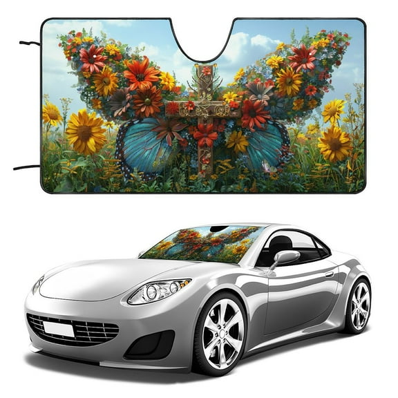 QKZF Butterfly&Sunflower Print Windshield Sun Shade for Car Foldable Car Front Window Sunshades for Most Sedans SUV Truck, Universal Fit 51x28in