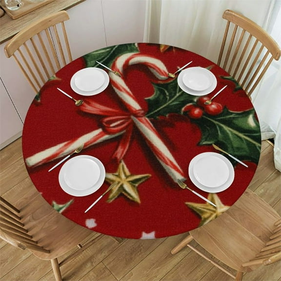 QKZF Christmas Decor Elastic Edge Round Tablecloth Xmas Candy Cane Leaf Fitted Table Cover Wipeable Round Table Cloth for Outdoor Kitchen Dining Table Christmas Party Decoration 31"-35