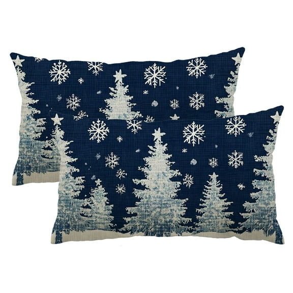 QKZF Christmas Pillow Covers 12x20 Inch Set of 2 Navy Christmas Tree Snowflakes Decor Throw Pillows Winter Xmas Holiday Outdoor Lumbar Cushion Cases for Couch Bed Decorations 12x20inch