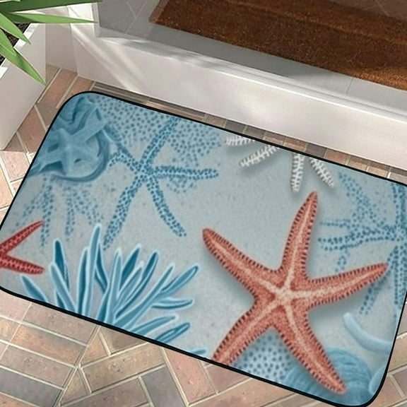 QKZF Coastal Beach Kitchen Mat Rugs Anti Fatigue Mats for Kitchen Floor Ocean Theme Waterproof Non-Slip Standing Mat Nautical Cushioned Mat, Coral &amp; Starfish Design 19.68*39.37 in