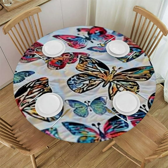 QKZF  Deluxe Elastic Edged Flannel Backed Vinyl Fitted Table Cover - Butterfly Pattern - Large Round - Fits Tables up to White