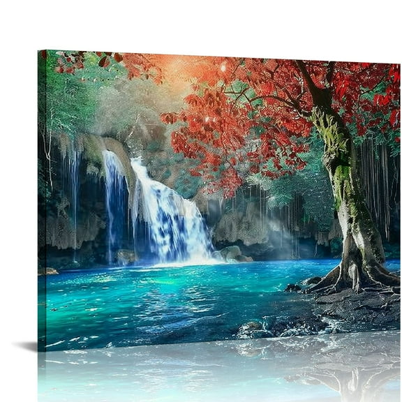 QKZF Fall Forest Wall Art Nature Landscape Canvas Prints Season Mountain Waterfall Pictures Wall Decor fro Bathroom Bedroom Red Tree Park Paintings Modern Frame Artwork