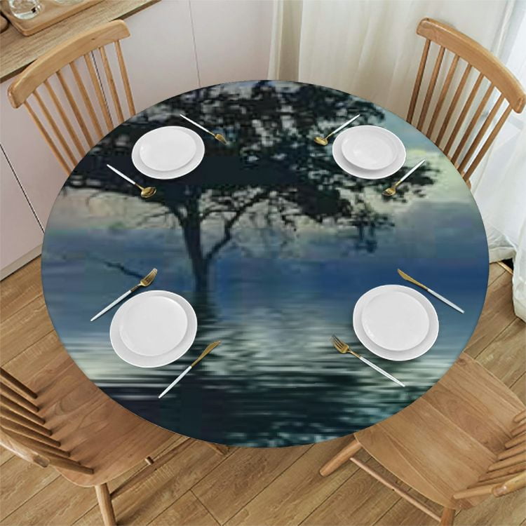 QKZF Fantasy Night Tablecloth Round Tree Moon Clouds Stars Light Shadow ...
