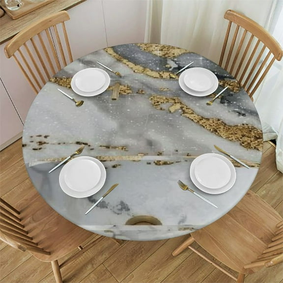 QKZF Marble Texture Round Fitted Tablecloth with Elastic Edge Grey Marble Wipeable Round Table Cover Reusable Circle Table Cloths for Outdoor Party Patio Kitchen Decor Fit for 31-35