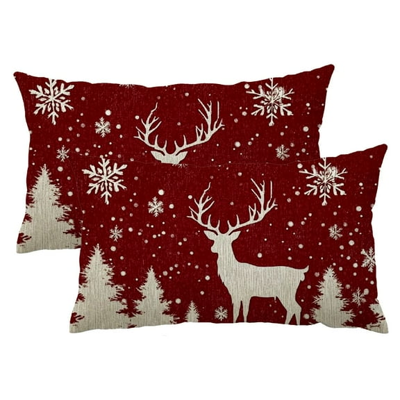 QKZF Merry Christmas Pines Trees Reindeer Snowflake Animals Red Background Lumbar Decorative Throw Pillow Covers Cushion Case Linen for Bed Sofa Holiday Outdoor 12X20inches Set of 2 12x20inch