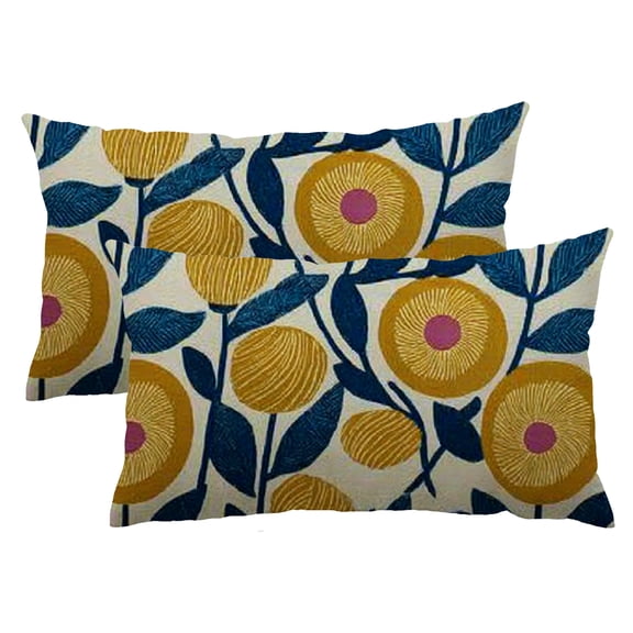 QKZF Navy Blue Yellow Floral Pillow Covers 12x20 Set of 2 Spring Boho Rustic Art Flower Decorative Lumbar Throw Pillow Cases Outdoor Farmhouse Decor for Sofa Couch Bed 12x20inch