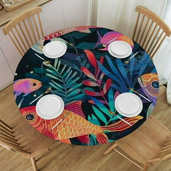 QKZF Neon Rainbow Fish Round Tablecloth Table Cloth Cover Fabric Decorative for Kitchen Dining Wedding Parties 31-35