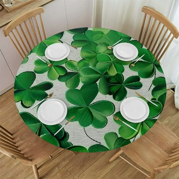 QKZF Round Fitted Tablecloth with Elastic Edge St. Patrick's Day Clover Table Cover Waterproof Wipeable Table Cloth for Parties Outdoor Dining Table Decor Table Pads Size  31-35