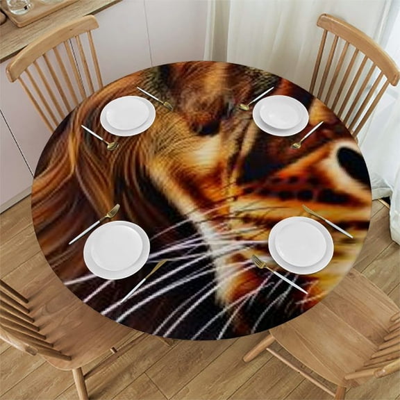 QKZF Round Fitted Tablecloth with Elastic Edge, Lion Round Table Cover, Waterproof Non Slip Table Cloth for Indoor Outdoor Holidays Table Pads  31-35