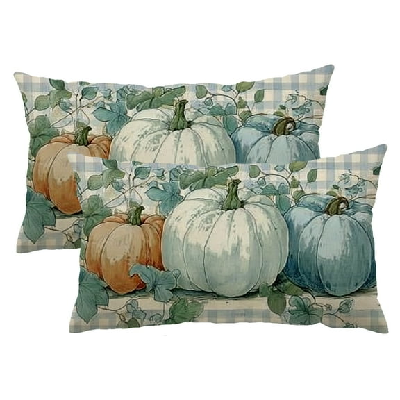 QKZF Set of 2 Fall Pillow Cover 12x20 Inch Buffalo Pumpkin Eucalyptus Leaves Decor Autumn Thanksgiving Decorative Farmhouse Cushion Case for Sofa Couch 12x20inch
