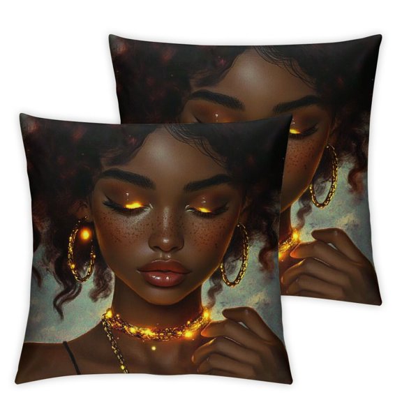 QKZF Set of 2 Black Art Throw Pillow Covers Black Girl African Pillowcase with Zipper Square Pillow Cases Cushion for Sofa Bedroom Home Decor