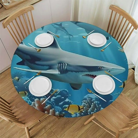 QKZF Shark Ocean Sea is Comming Round Tablecloth Washable Polyester Table Cloth Decorative Fabric for Dinner Party 31-35
