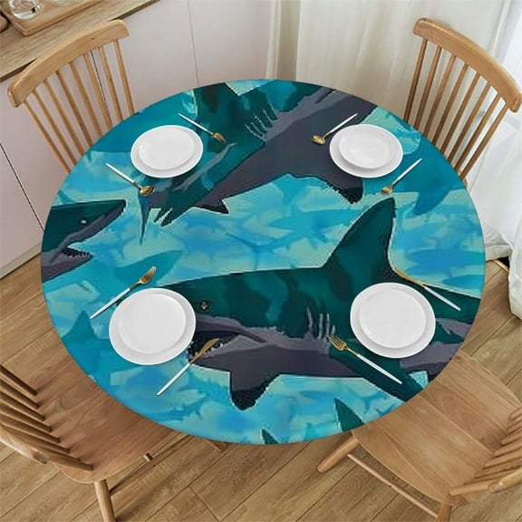 QKZF Shark Whale Reusable Table Cover Waterproof Round Elastic Fit Tablecloth for Picnic Party  White