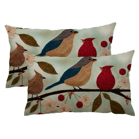 QKZF Spring Summer Birds Lumbar Decorative Throw Pillow Covers 12 x 20 Set of 2, Blue Rectangular Cardinal Bluebird Outdoor Home Decor, Branch Flowers Couch Cushion Case 12x20inch