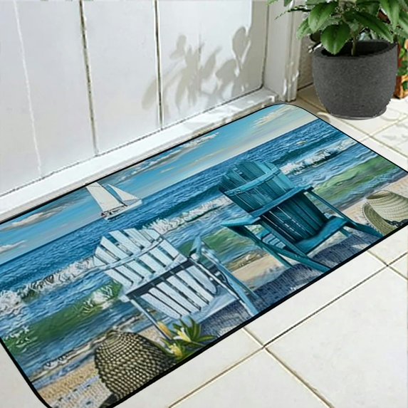 QKZF Spring Summer Decorative Front Door Mat, Beach Coastal Bag Hat Doormat Indoor Outdoor Non-Slip Floor Entryway Rug, Nautical Flower Home Kitchen Decoration 19.68*47.24 in