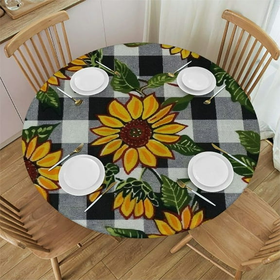 QKZF  Sunflower Fitted Tablecloth Round with Elastic Edged, Plaid Waterproof Wipe Clean Table Cover for Outdoor Indoor Patio Kitchen - Fits Tables  31-35