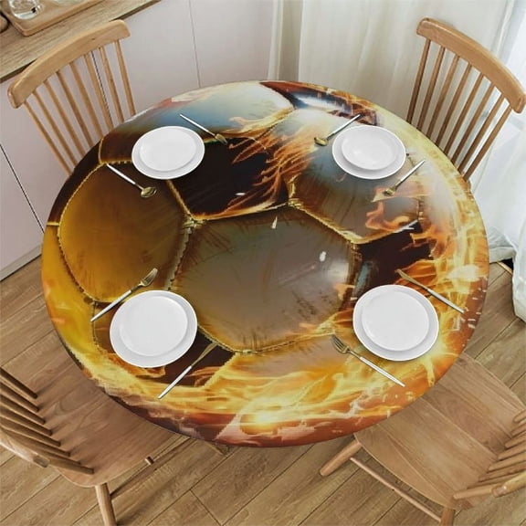 QKZF  Tablecloth Round Table Cloths Cloth Burning Soccer Ball Table Cover Washable Wrinkle Free Tablecloths for Kitchen Table Decorative Fabric Waterproof Table Covers for Camping Picnic White
