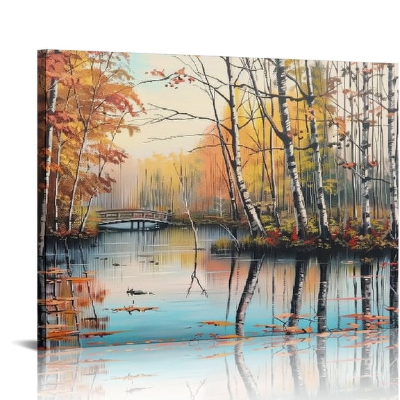 QKZF White Birch Tree Canvas Wall Art Forest and Lake Painting Landscape Poster Nature Fall Artwork Abstract Modern Art for Living Room Bedroom Bathroom Office Wall Decor Framed